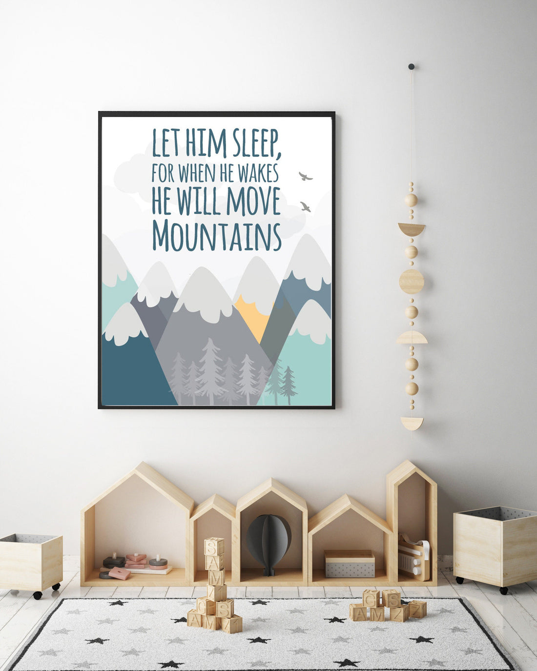 Let him sleep for when he wakes he will move mountains, Nursery decor boy mountains adventure, nursery wall art woodland, baby room decor