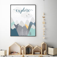 Nursery wall art woodland, Woodland nursery, explore, baby room print, nursery decor neutral, baby room decor mountains, adventure nursery