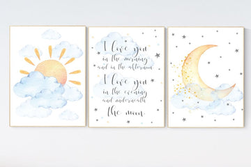 I love you in the morning and in the afternoon, Sunshine nursery, moon nursery, gender neutral nursery, baby room decor, blue yellow gray