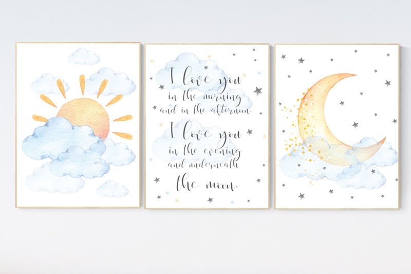 I love you in the morning and in the afternoon, Sunshine nursery, moon nursery, gender neutral nursery, baby room decor, blue yellow gray