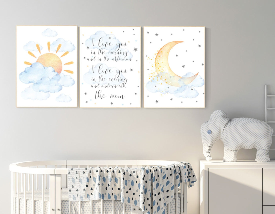 I love you in the morning and in the afternoon, Sunshine nursery, moon nursery, gender neutral nursery, baby room decor, blue yellow gray