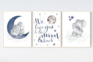 Nursery decor elephant, navy nursery decor, cloud and stars, moon and stars, navy blue nursery art. baby room wall art, elephant nursery