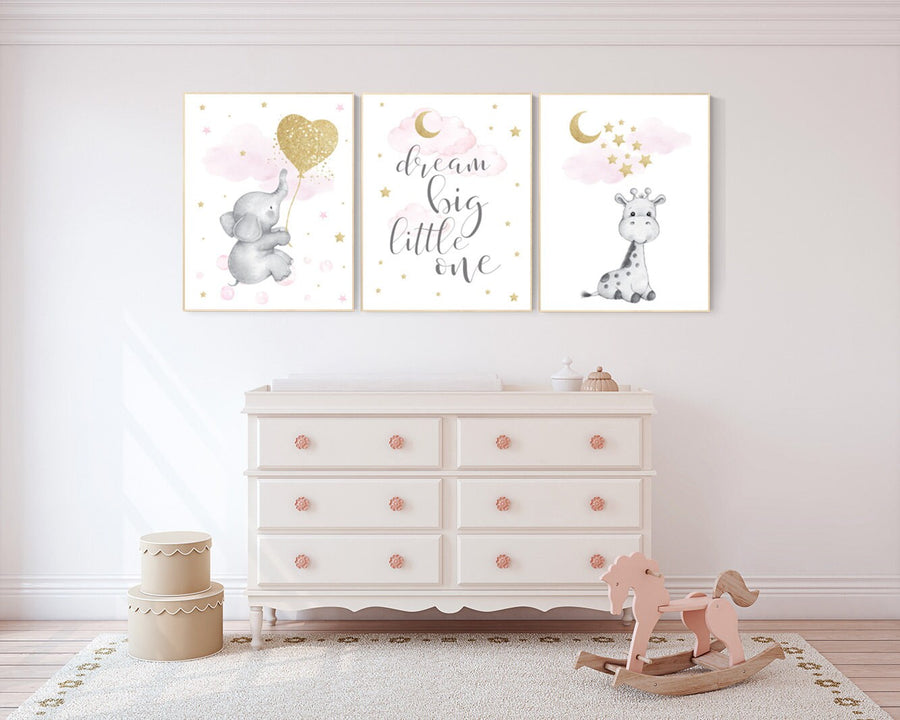 Nursery wall art girl, baby room decor girl gold and pink, giraffe nursery, dream big little one, cloud and stars, elephant nursery wall art