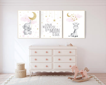 Nursery decor girl, giraffe nursery, baby room decor girl gold and pink, girl nursery decor, cloud and stars, elephant nursery wall art