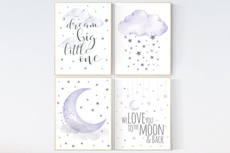 Baby room decor girl purple, nursery wall art, nursery decor lavender, lilac, dream big little one, cloud and stars, baby room decor, moon