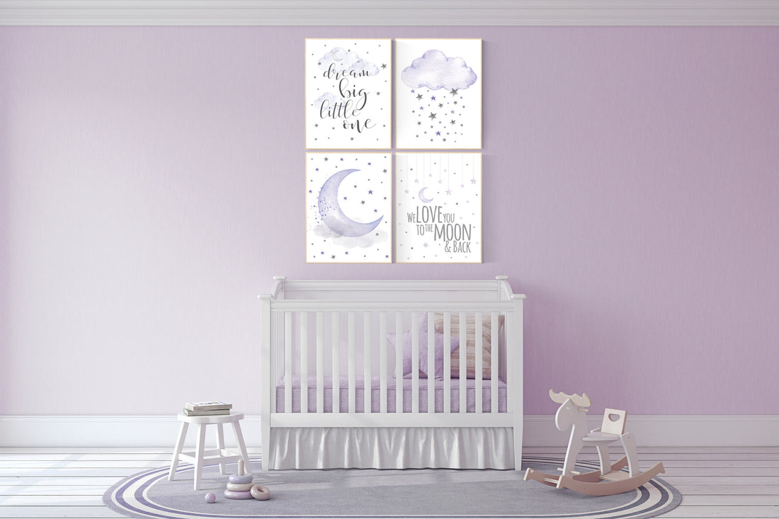 Baby room decor girl purple, nursery wall art, nursery decor lavender, lilac, dream big little one, cloud and stars, baby room decor, moon
