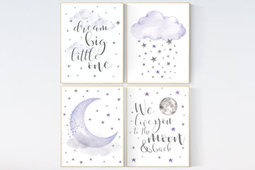 Baby room decor girl purple, nursery wall art, nursery decor lavender, lilac, dream big little one, cloud and stars, baby room decor, moon