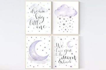 Baby room decor girl purple, nursery wall art, nursery decor lavender, lilac, dream big little one, cloud and stars, baby room decor, moon
