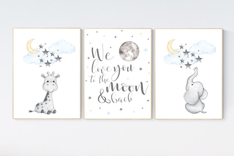 Nursery wall art elephant, nursery decor neutral, we love you to the moon and back, giraffe nursery, cloud and stars, gender neutral