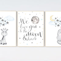 Nursery wall art elephant, nursery decor neutral, we love you to the moon and back, giraffe nursery, cloud and stars, gender neutral