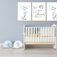 Nursery wall art elephant, nursery decor neutral, we love you to the moon and back, giraffe nursery, cloud and stars, gender neutral