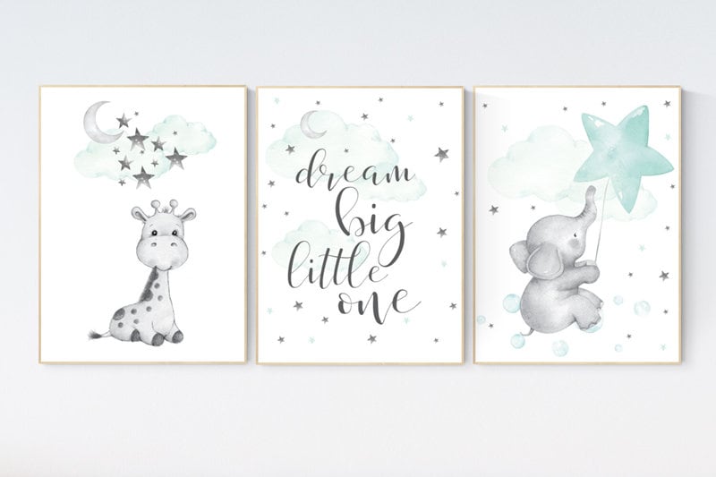 Mint nursery decor, gender neutral, giraffe nursery wall art, elephant nursery, dream big little one, baby room wall art, moon, cloud, stars
