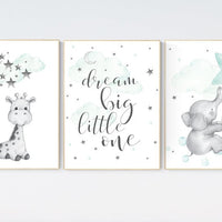 Mint nursery decor, gender neutral, giraffe nursery wall art, elephant nursery, dream big little one, baby room wall art, moon, cloud, stars