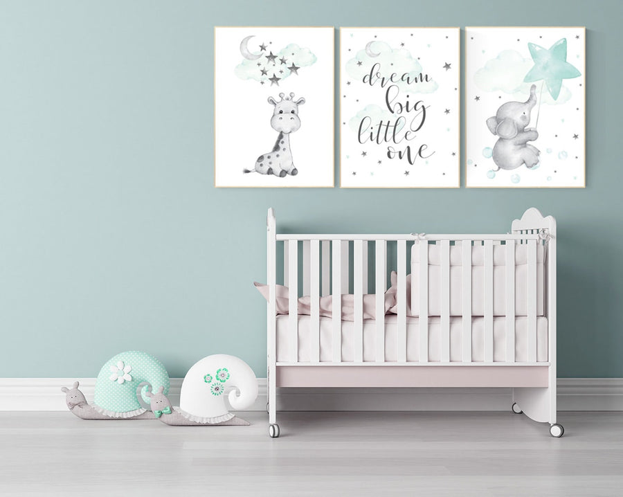 Mint nursery decor, gender neutral, giraffe nursery wall art, elephant nursery, dream big little one, baby room wall art, moon, cloud, stars