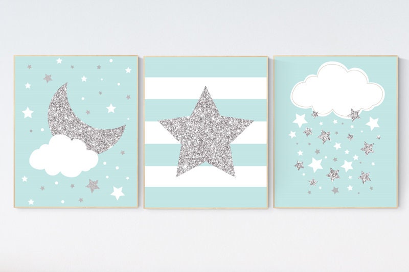 Mint silver nursery decor, cloud nursery mint nursery, star nursery decor, nursery wall art, set of 3, nursery prints, baby room decor mint