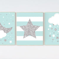 Mint silver nursery decor, cloud nursery mint nursery, star nursery decor, nursery wall art, set of 3, nursery prints, baby room decor mint