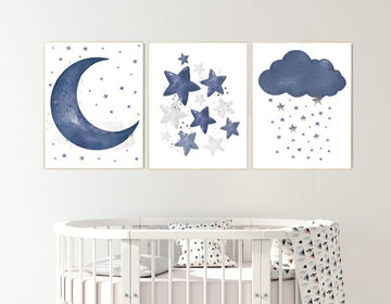 Navy nursery decor, cloud and stars, moon and stars, navy blue nursery art. baby room wall art, boy nursery decor, set of 3, nursery art