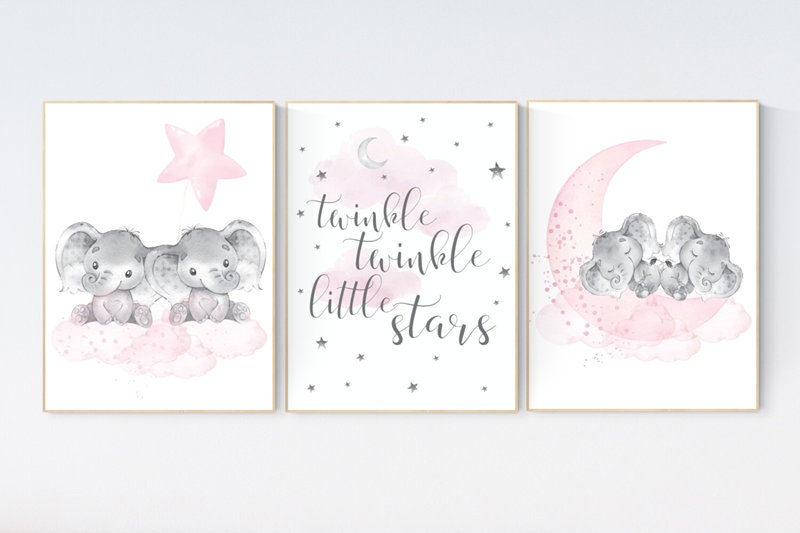 Elephant nursery art, twin nursery, elephant nursery print, pink and gray nursery, cloud and stars nursery, baby room decor girl