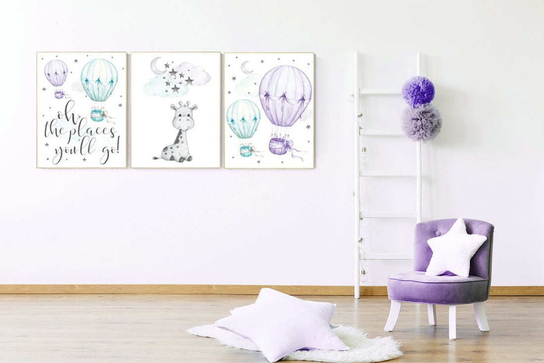 Nursery decor girl giraffe, nursery decor girl purple, hot air balloon, purple mint, lavender, nursery decor girl lilac mint, turquoise aqua