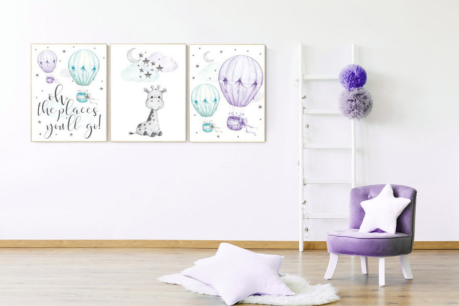 Nursery decor girl giraffe, nursery decor girl purple, hot air balloon, purple mint, lavender, nursery decor girl lilac mint, turquoise aqua