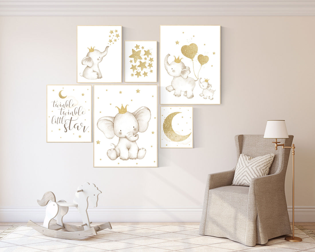 Baby room wall art, baby room decor girl, gold nursery decor, gold nursery print, elephant nursery, star nursery theme, elephant family