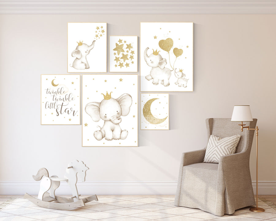 Baby room wall art, baby room decor girl, gold nursery decor, gold nursery print, elephant nursery, star nursery theme, elephant family