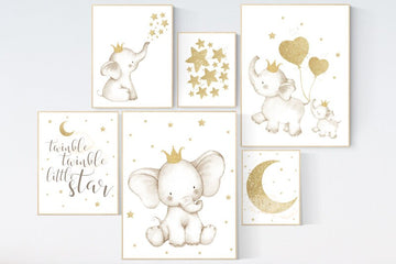 Baby room wall art, baby room decor girl, gold nursery decor, gold nursery print, elephant nursery, star nursery theme, elephant family