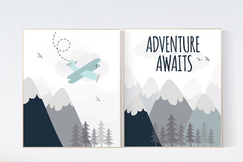 Adventure Awaits, nursery decor boy adventure, nursery decor mountain, baby room, plane nursery, boy nursery wall art, adventure nursery