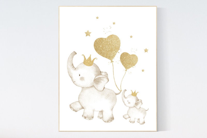 Nursery decor elephant, baby room wall art gold, girls room decor, gold print for nursery, gold nursery, elephant family, elephant wall art
