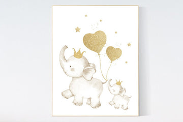 Nursery decor elephant, baby room wall art gold, girls room decor, gold print for nursery, gold nursery, elephant family, elephant wall art