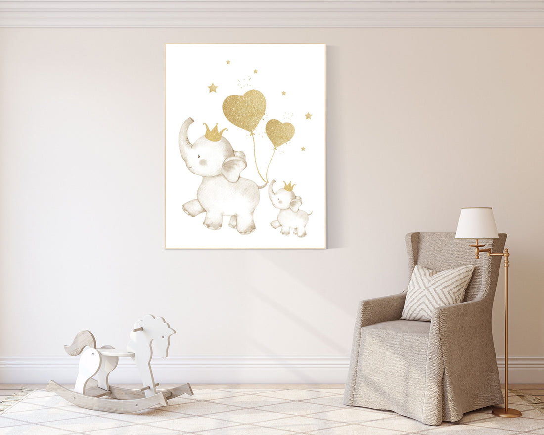 Nursery decor elephant, baby room wall art gold, girls room decor, gold print for nursery, gold nursery, elephant family, elephant wall art