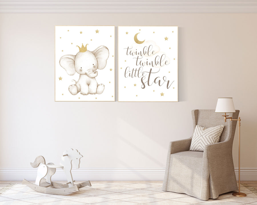 Nursery decor girl gold, Elephant nursery decor, gold nursery, girl nursery art, baby room wall art, twinkle twinkle little star nursery