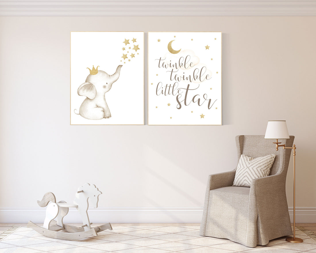 Nursery decor girl gold, Elephant nursery decor, gold nursery, girl nursery art, baby room wall art, twinkle twinkle little star nursery
