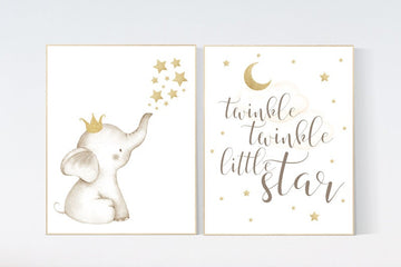 Nursery decor girl gold, Elephant nursery decor, gold nursery, girl nursery art, baby room wall art, twinkle twinkle little star nursery