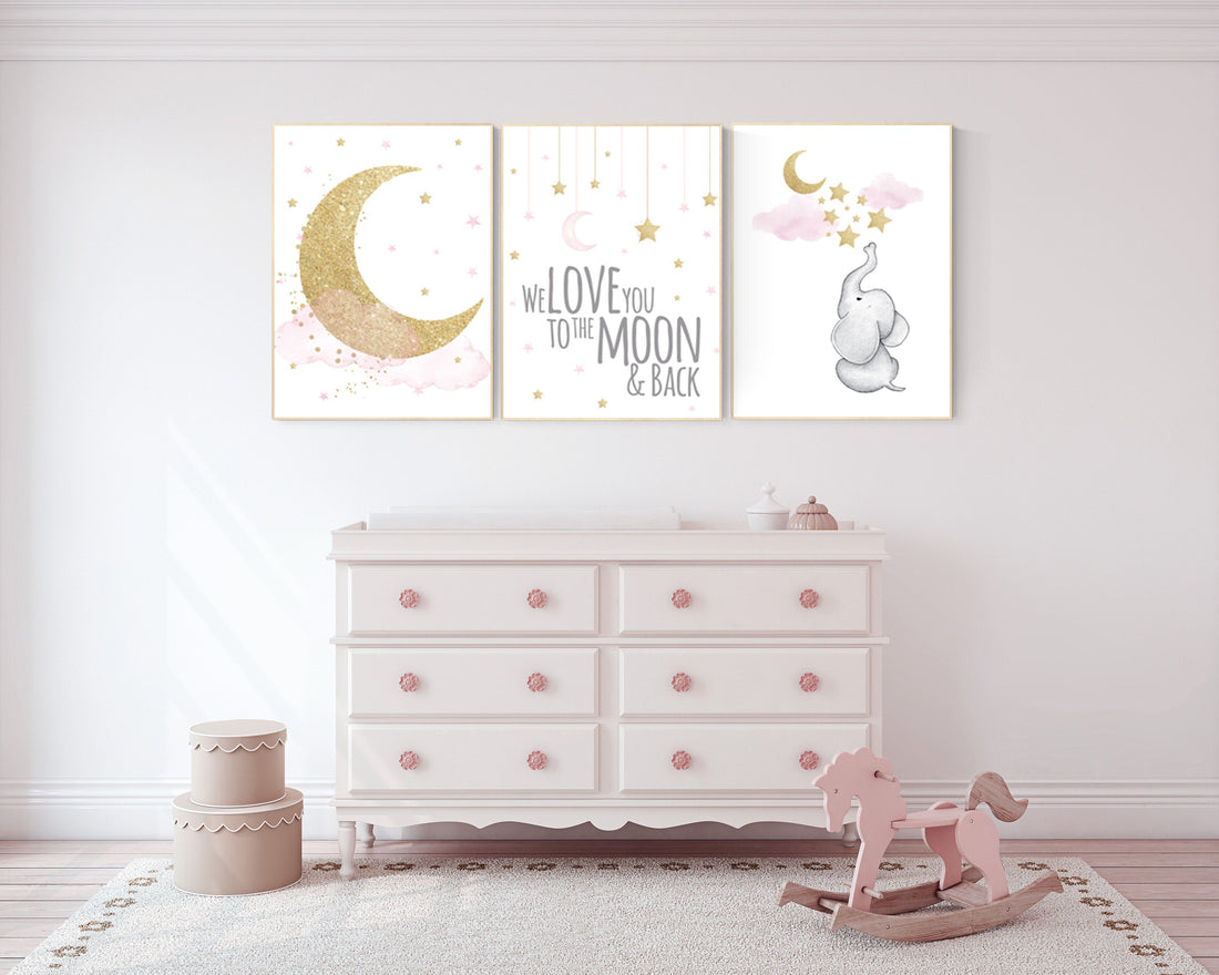 Nursery wall art girl elephant, pink and gold nursery, we love you to the moon and back, pink nursery art, cloud and stars, baby room decor