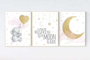 Nursery wall art girl elephant, pink and gold nursery, we love you to the moon and back, pink nursery art, cloud and stars, baby room decor