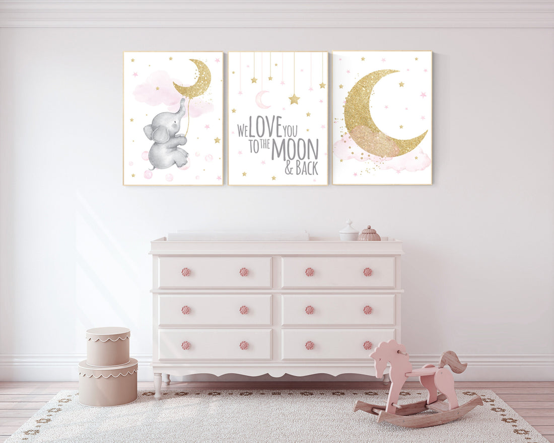 Nursery wall art elephant, pink and gold nursery, we love you to the moon and back, pink nursery art, cloud and stars, baby room decor