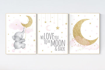 Nursery wall art elephant, pink and gold nursery, we love you to the moon and back, pink nursery art, cloud and stars, baby room decor