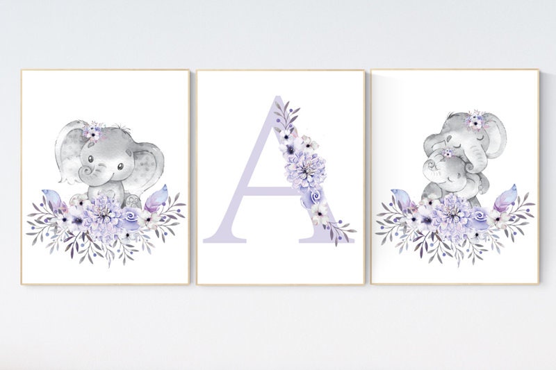Purple nursery, Boho baby room, nursery wall art elephant, nursery decor girl, nursery decor girl floral, lilac nursery decor, lavender