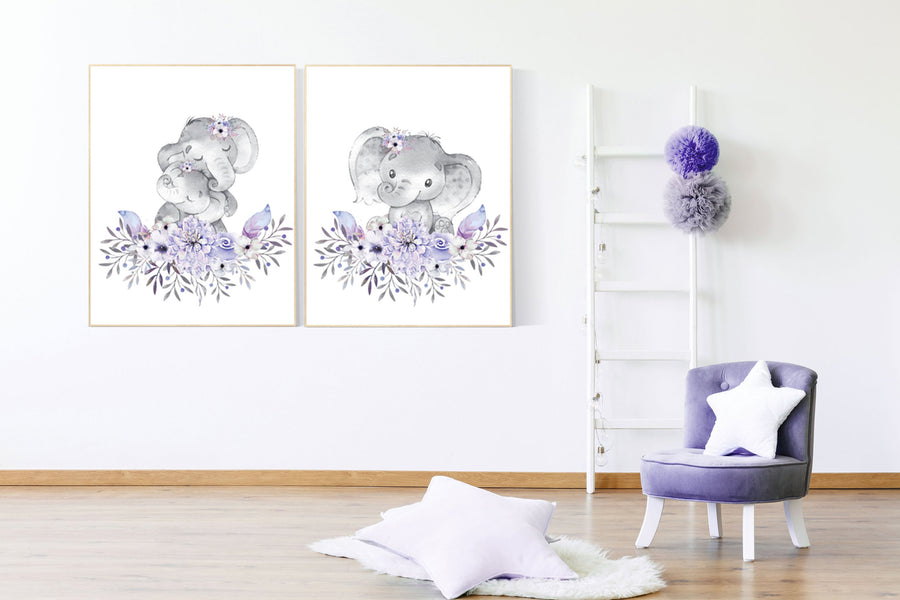 Boho baby room, lilac nursery, nursery wall art elephant, nursery decor girl purple, nursery decor girl floral, lilac nursery decor lavender