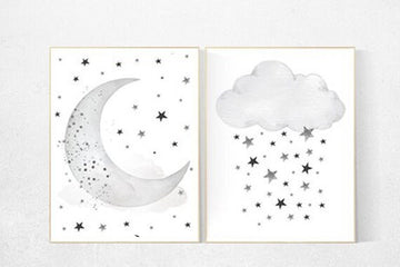 Nursery wall art black and white, gray nursery, nursery decor neutral, baby room decor gender neutral cloud and stars, dream big little one