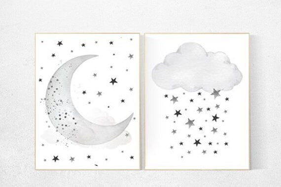 Nursery wall art black and white, gray nursery, nursery decor neutral, baby room decor gender neutral cloud and stars, dream big little one