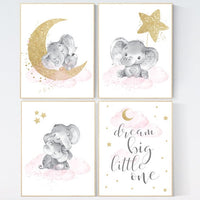 pink and gold nursery, dream big little one, Nursery decor girl elephant, pink nursery art, moon and stars baby room decor nursery wall art