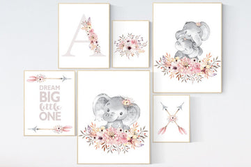 Nursery decor girl boho, elephant nursery wall art, nursery decor girl floral, nursery decor girl woodland, floral nursery, boho nursery