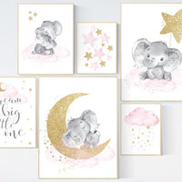 Nursery decor girl, Nursery decor elephant, baby room decor girl gold and pink, gold nursery art, to the moon and back, cloud stars nursery