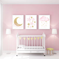 Nursery wall art girl, baby room decor girl gold and pink, moon and star, baby room decor, girl nursery wall art, star nursery, gold nursery