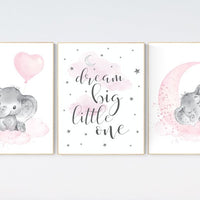 Elephant nursery art, nursery decor girl, pink and gray, cloud and stars, baby room decor girl, nursery prints girl, dream big little one