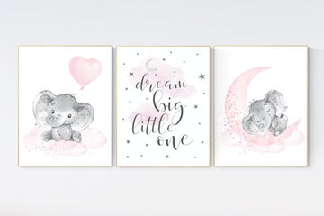 Elephant nursery art, nursery decor girl, pink and gray, cloud and stars, baby room decor girl, nursery prints girl, dream big little one