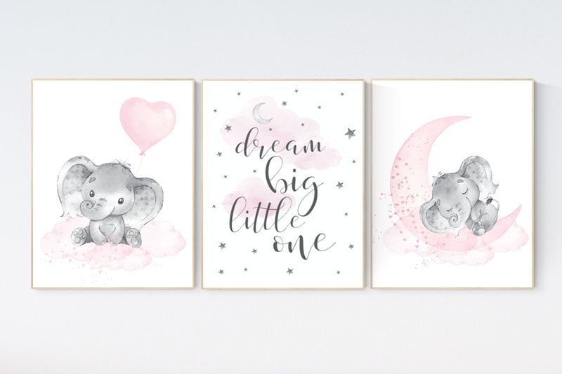 Elephant nursery art, nursery decor girl, pink and gray, cloud and stars, baby room decor girl, nursery prints girl, dream big little one