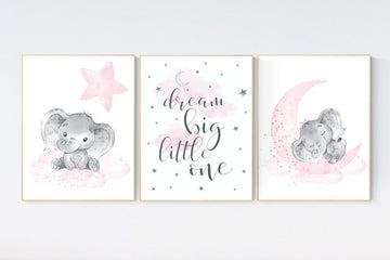 Nursery decor elephant, nursery decor girl elephant, moon and stars, baby room decor girl, nursery prints girl, dream big little one